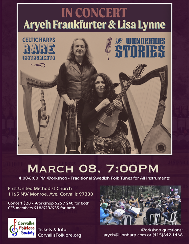 Celtic Harps, Rare Instruments & Wondrous Stories with Lisa Lynne & Aryeh Frankfurter @ First Methodist Church, upstairs room